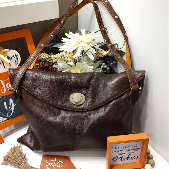 Anya Ponorovskaya Genuine Distressed Leather Shoulder Satchel Hobo Bag, Chocolat - Picture 2 of 9